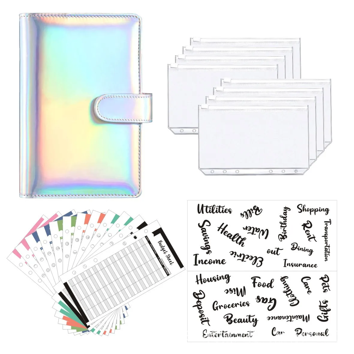 

A6 Laser Colorful Budget Planner Binder Zipper Cash Envelopes for Budgeting Money Organizer Monthly Budget Plan Notebook Set