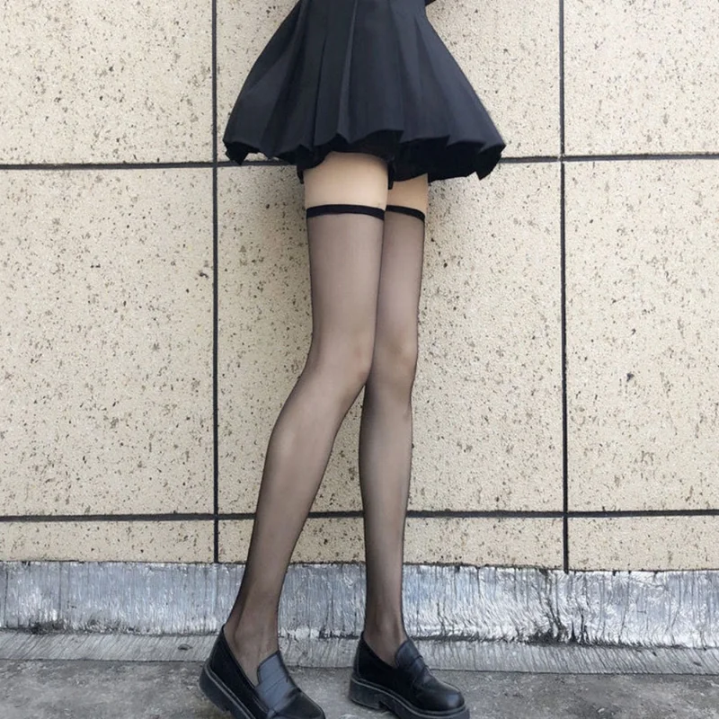 Sexy Ultra-thin Solid Color Over Knee Stockings Summer Black White Elastic Transparent Knee High Socks Japanese Lolita Socks