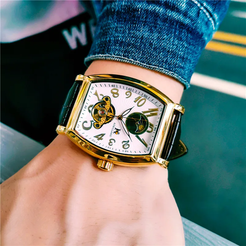 

AOKULASIC Automatic Mechanical Mens Watches Top Brand Hollow Carved Tourbillon Watch Men Waterproof Luxury Moon Phase Oval Hours