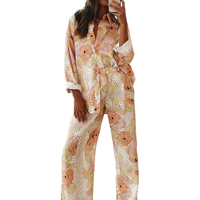 

woman 2022 new collection Casual Spring Fall Outfits Floral Button Up Shirt Tops Loose Wide Leg Pants Home Wear two peice sets