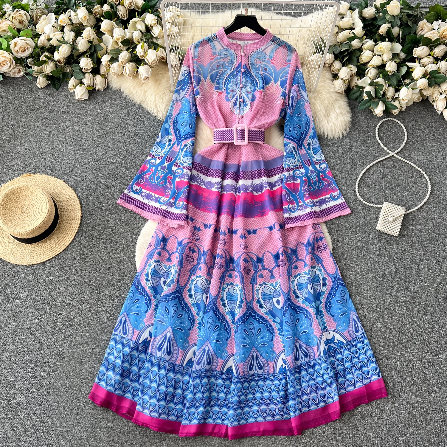 

Clothland Women Sweet Paisley Maxi Dress Belt Flare Sleeve One Piece Pink Vintage Ankle Length Dresses Vestido QC567