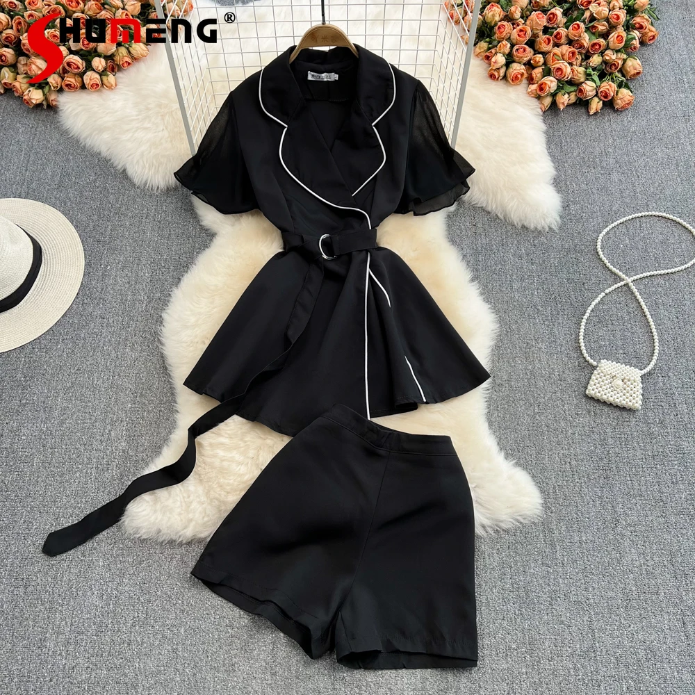 

Women's Sets Summer 2022 New Temperament Business Short Sleeve Black Blazer and High Waist Shorts Two-Piece Suit Office Lady