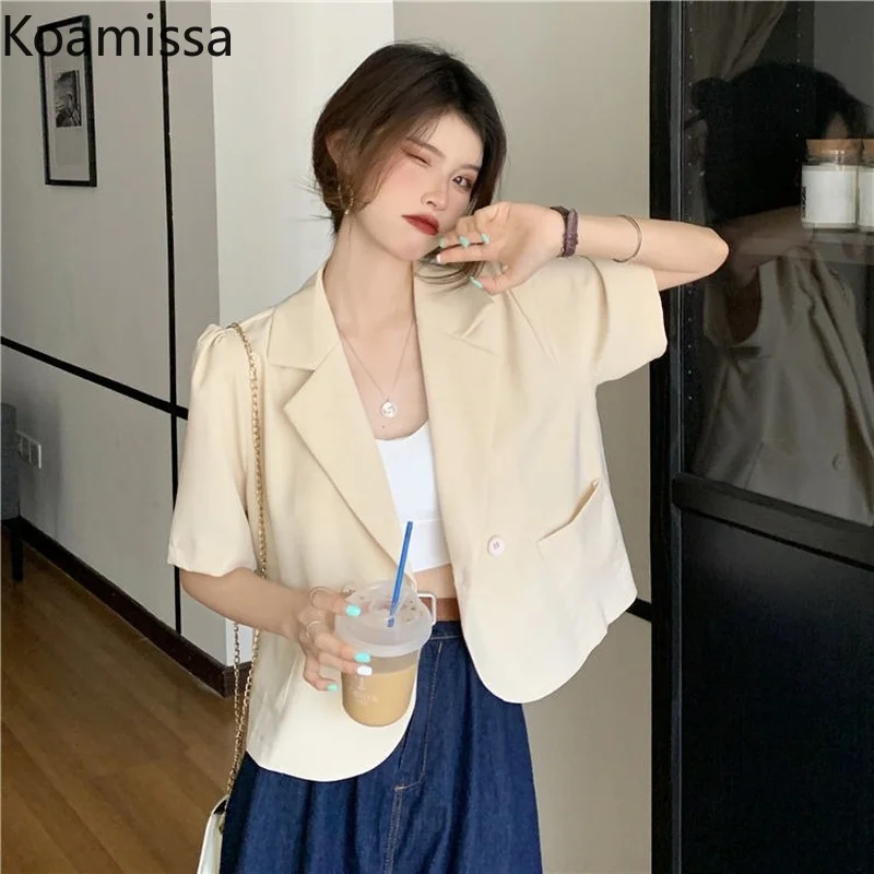 

Koamissa Fashion Women Chiffon Solid Blazer Blouse Short Sleeves Office Lady Casual Loose Blazers Notched Korean Daily Blouses