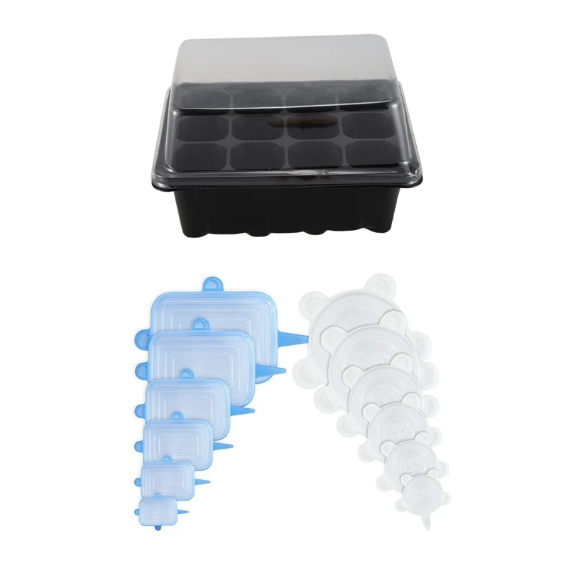 

1Set Germination Seed Starter Tray Seed Box 12 Hole Grow Box: 19 X15x11cm & 12X Round + Rectangle,Silicone Stretch Lids