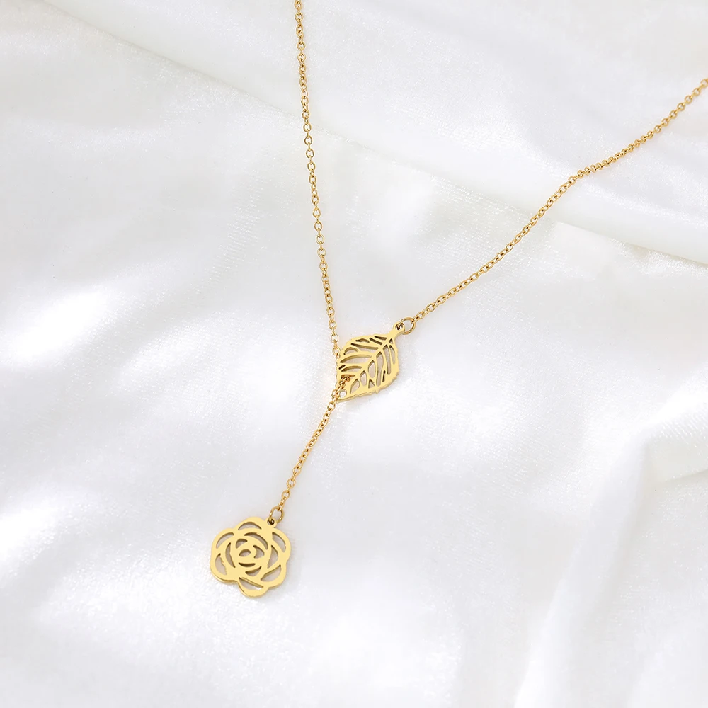 Stainless Steel Necklaces Vintage Delicate Temperament Leaves Rose Flower Pendant Charm Chains Choker Necklace For Women Jewelry |