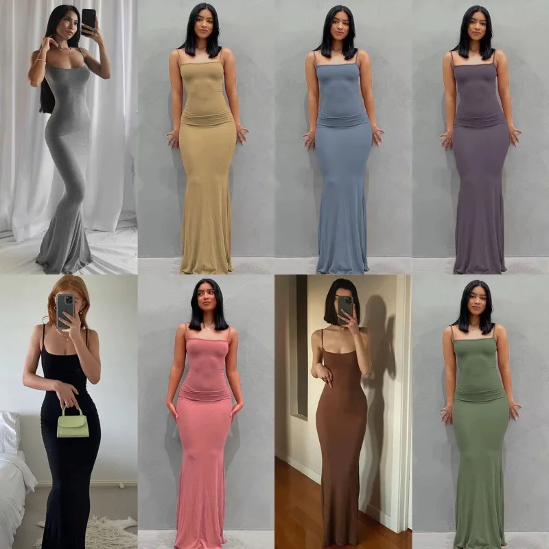 

Women Summer Slim Elastics Off Shoulder Backless Long Dress Spaghetti Strap Solid Color Party Dresse Ladies Sexy Evening Dress