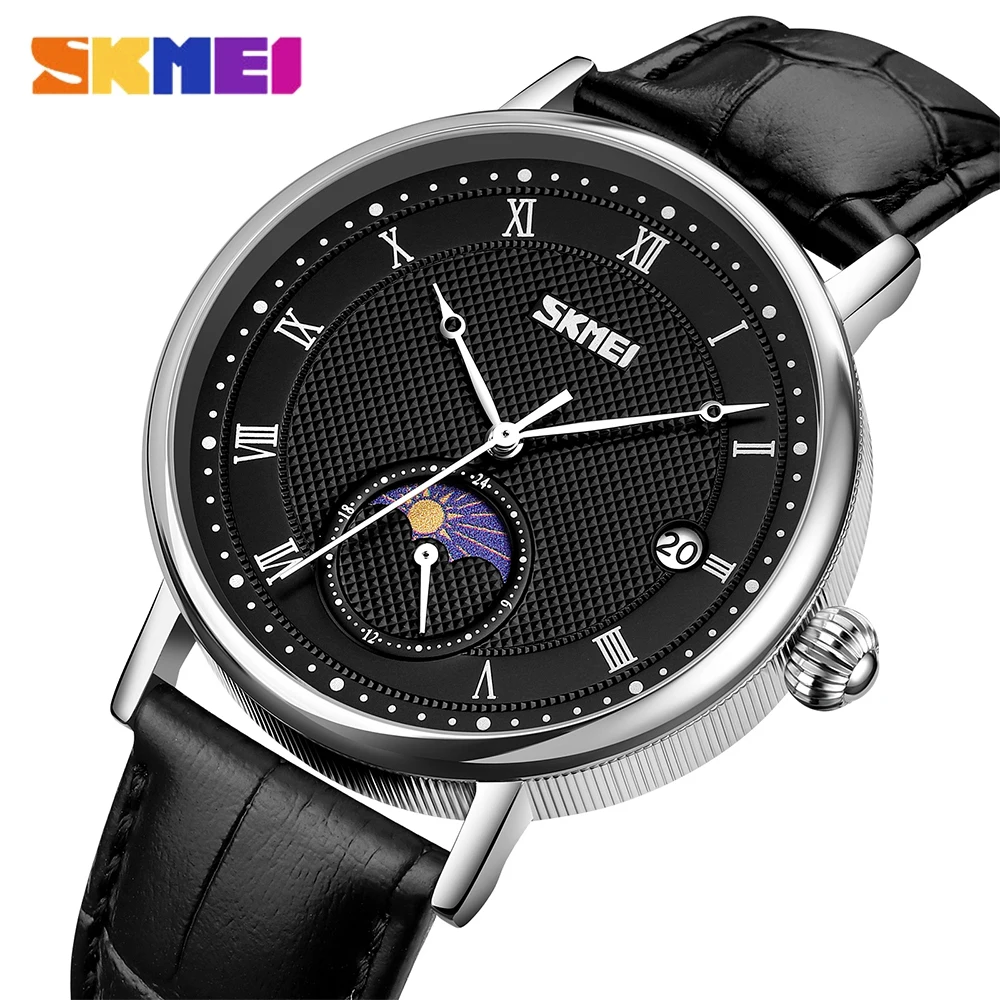 

2023 SKMEI Analog Quartz Wrist Watch for Mens Fashion Casual Moon Phase Waterproof Date Clock Ultra Thin Simple Watch Male