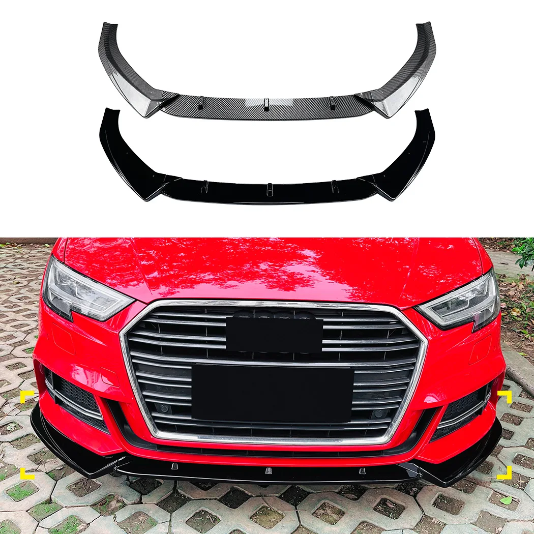 Фото Комплект из 3-х частей: сплиттер-спойлер переднего бампера для Audi A3 S3 8V Facelift 2017-2020, цвет черный глянец, карбон, нижний диффузор, мод-комплект №1