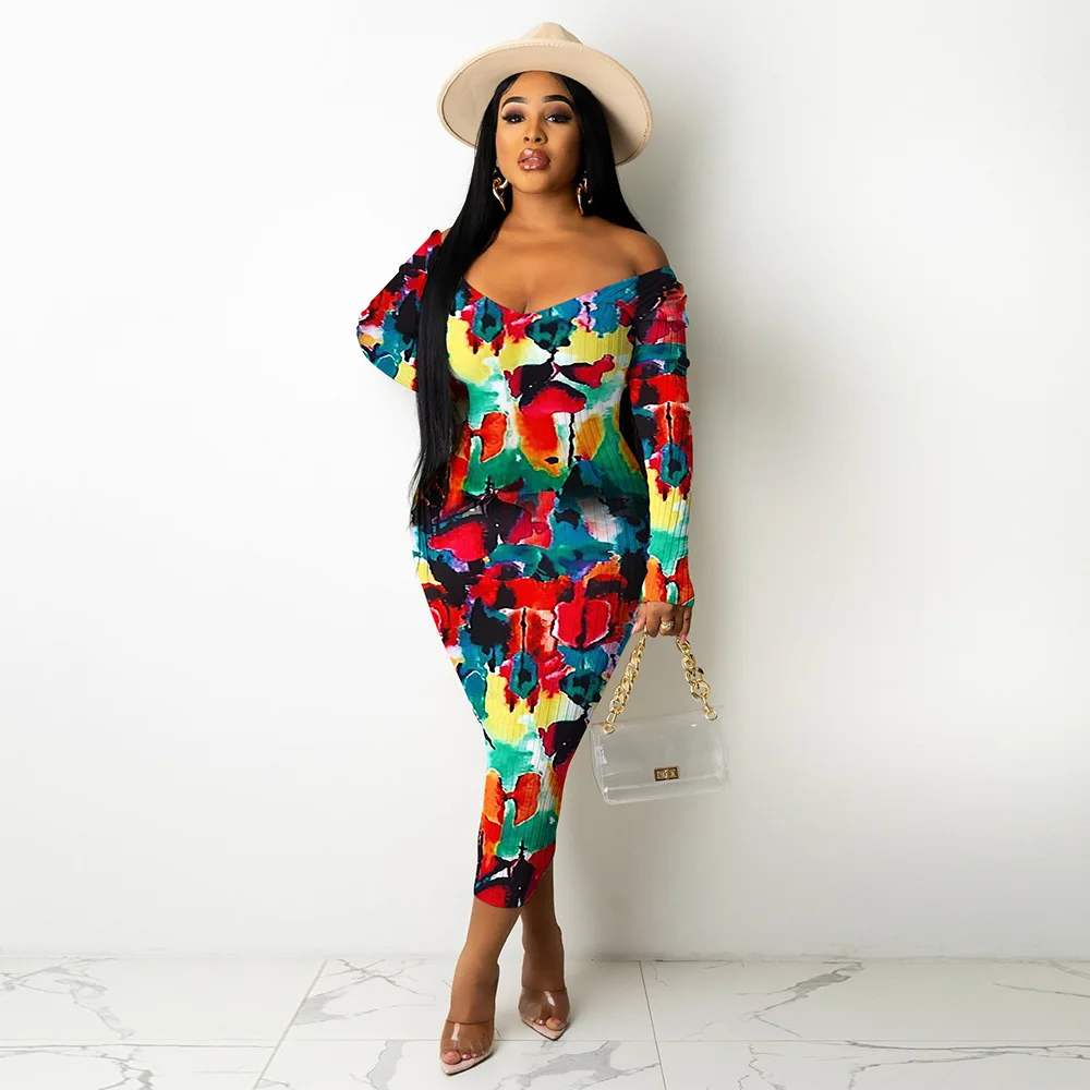 

European Style Slash Neck Woman Dress Spring Summer Female Vestido Printed Maxi Dresses for Women