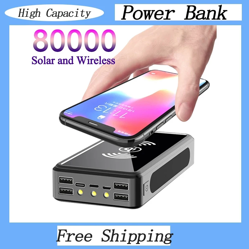 

80000mAh Solar Wireless PowerBank Portable Fast ChargerPowerbank Outdoor Travel Safe Emergency Charger for S21 Xiaomi11 IPhone13