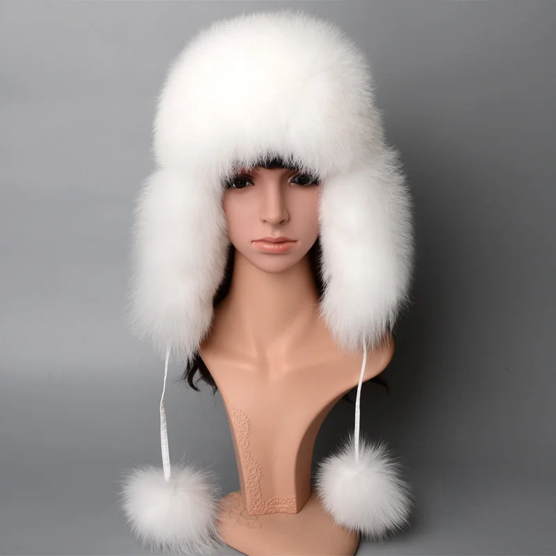 

100% Real Fox Fur at Women's Russian Usanka Aviator Trapper Snow Skiin at Caps Earflap Winter Raccoon Fur Bomber at