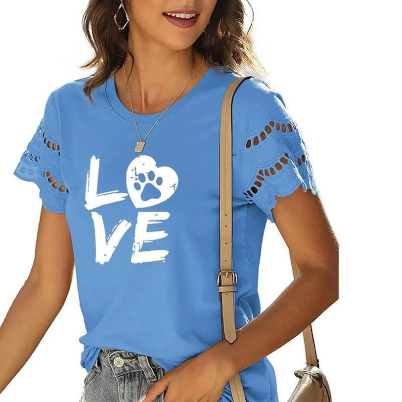 

New Arrival LOVE Print For Women T-Shirt Letters Print Women Patchwork Lace O Neck Fashion T-Shirt Tshirt Female Women