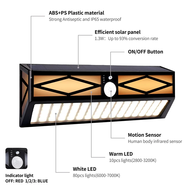 

Настенные светильники на солнечной батарее с датчиком движения, 90 светодиодов, водонепроницаемая уличная лампа для безопасности, 3 режима, ...