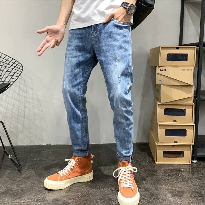 Streetwear Men 2022 New Pattern American Recreational Blue Pants Chaopai Small Trouser Leg Self-cultivation Jeans Autumn Female