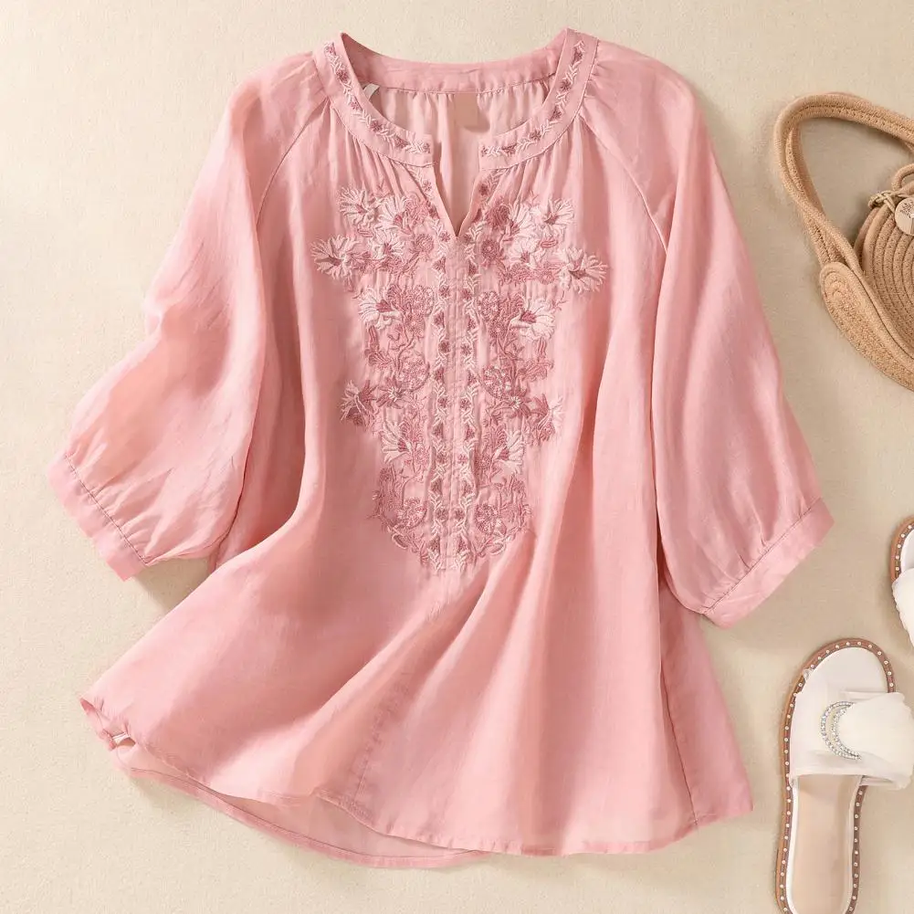 Женская рубашка с V-образным вырезом Элегантная блузка цветочной вышивкой и для