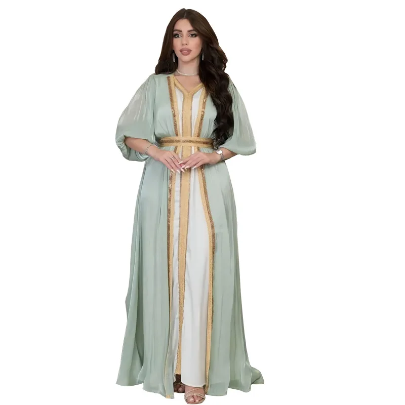 Muslim Women's Hot Diamond Light Luxury Dress Abaya Suit Bright Silk Satin Three-piece Dress