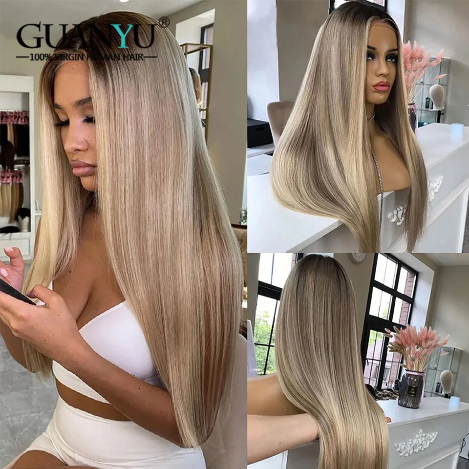 

613 Blonde Human Hair Wig 13X4 Highlight Wig Remy Straight Ombre Ash Blonde Lace Front Wig with Dark Roots