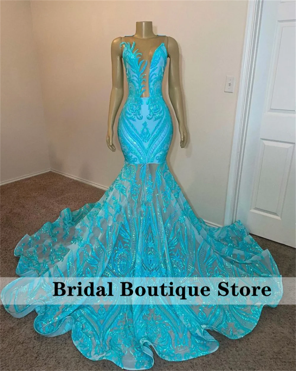 

New Arrival 2022 Sparkly Cyan Sequin Prom Dresses 2022 Luxury For Black Girls Sheer Neck Party Gowns Evening Dress Robe De Bal