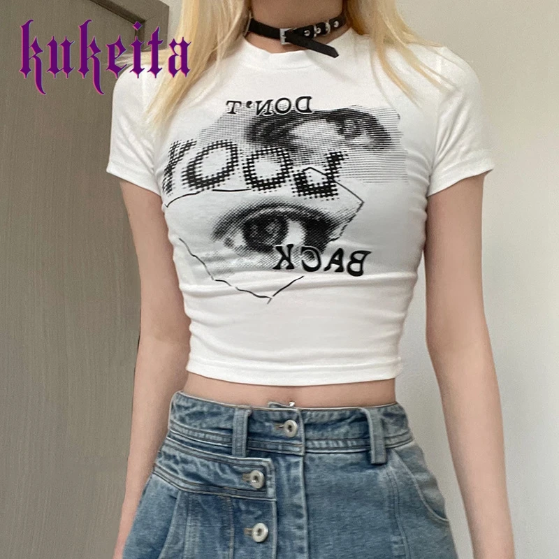 

Kawaii Aesthetic White Crop Top Women Vintage Punk Fairywear Grunge Letter Print Short Sleeve T-Shirt Y2k Clothes Cute Baby Tee