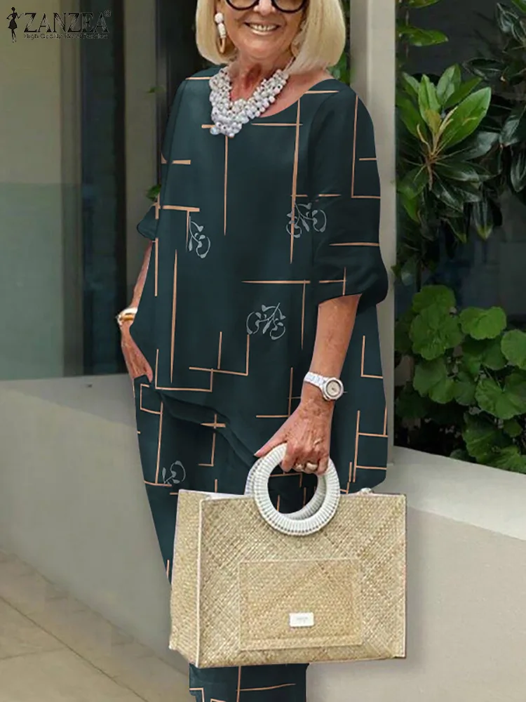 

Комплект ZANZEA Женский Повседневный с принтом, модная Свободная блузка с рукавом 3/4 и брюки-султанки, эластичные брюки с широкими штанинами, 2 ...