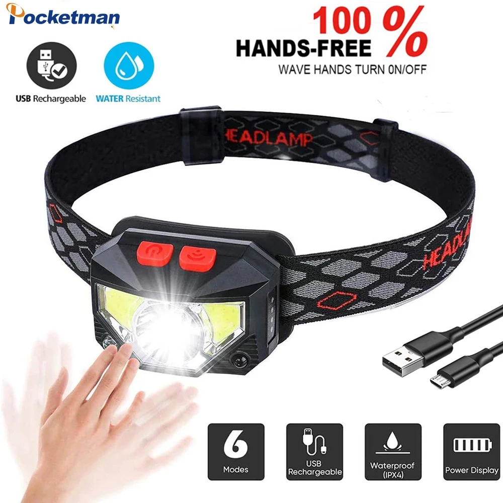

Most Powerful Hands-free LED Headlamp Motion Sensor Head Lamp With Built-in Battery Inductive Headlight Head Torch LED Lamp
