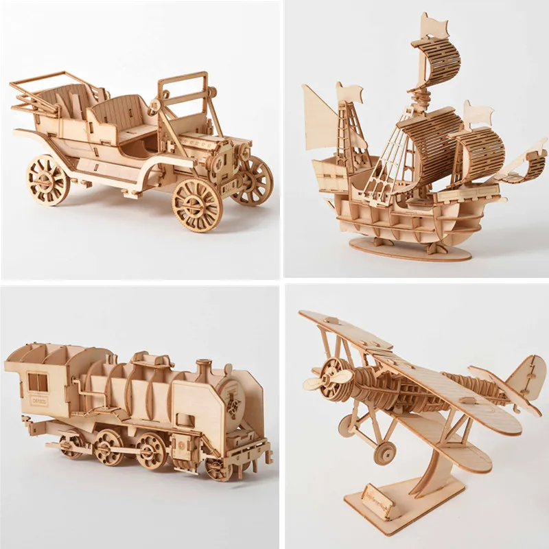 

3D Game Assembly Model Ships Train Airplane Wooden Puzzle Model DIY Handmade Mechanical Toys For Children Adult Model Kit