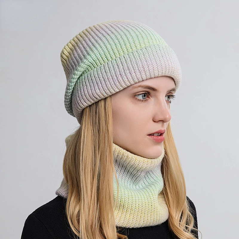 

Winter Women Beanies Snood Sets Gradient Color Knitted Hat Warmer Fashion Outdoor Windproof Thicken Tie Dye Scarf Hat For Women