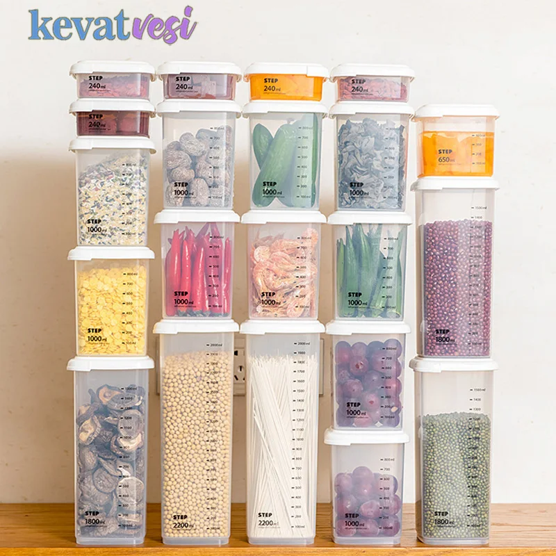 

Transparent Food Storage Box with Scale Refrigerator Organizer Kitchen Sealed Can&Jar Grain Container 240/650/1000/1800/2200ml