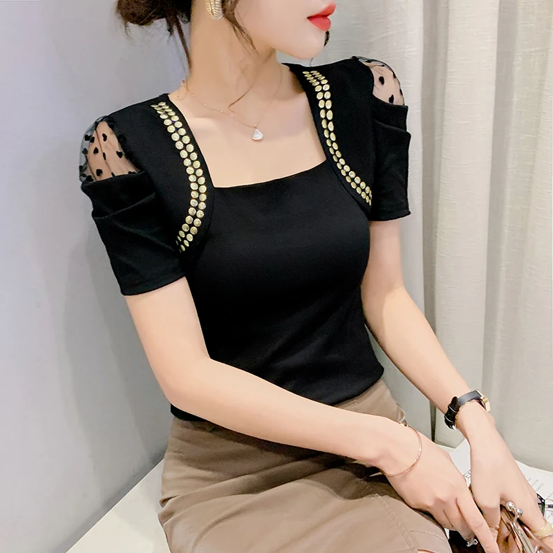 

Korean Fashion Puff Sleeve Casual shirt Summer Square neck Lace Tops Hot Drilling Women Mesh Cotton T shirt