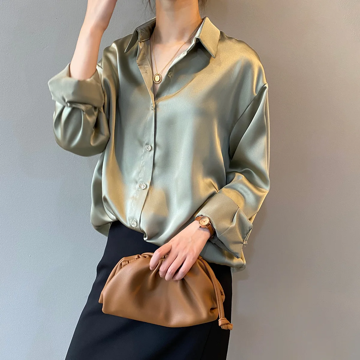 

Women Silk Shirt 2023 New Vintage Fashion Solid Button Up Long Sleeves Blouse Tops Female Summer Casual Loose Office Lady Shirts