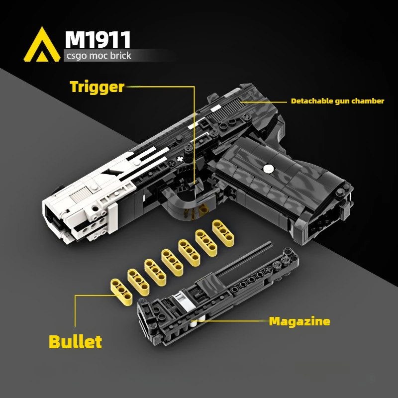 Фото MOC Shootable Building Block Модель M1911 Черная технологияная версия Игрушечный пистолет в сборе Кирпичи для мальчиков Военная серия Детские игрушки №2