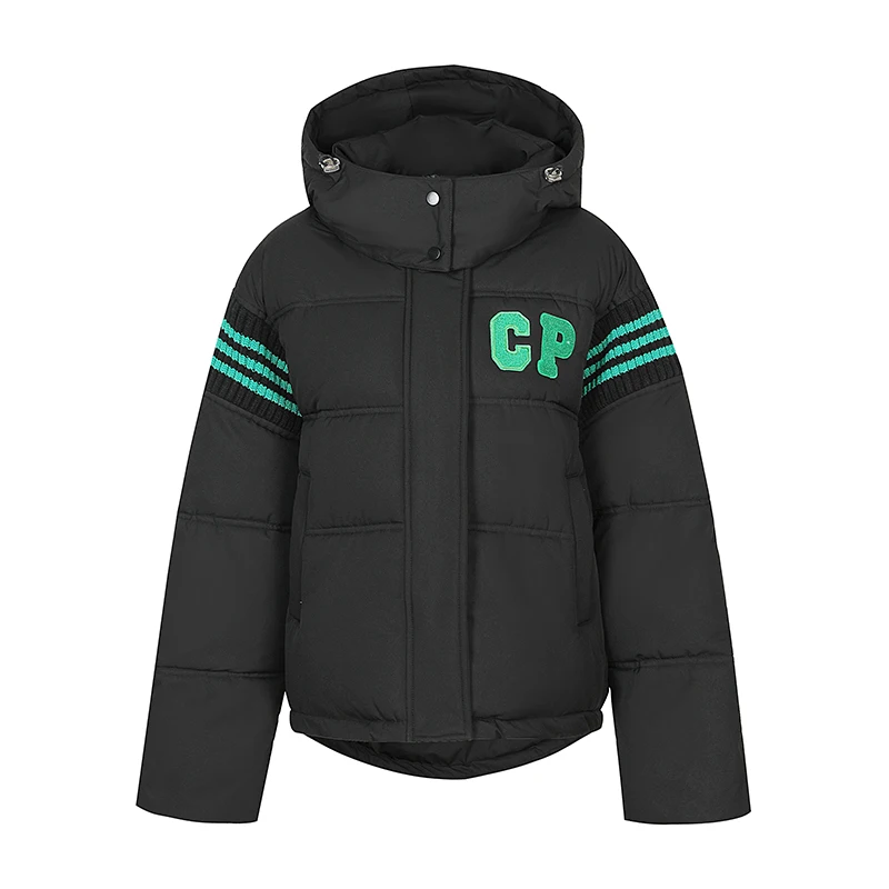 

Зимняя пуховая куртка, вязаные рукава, лоскутное пальто с капюшоном и надписью, корейская мода, супертеплая Заводская поставка, парка, верхняя одежда