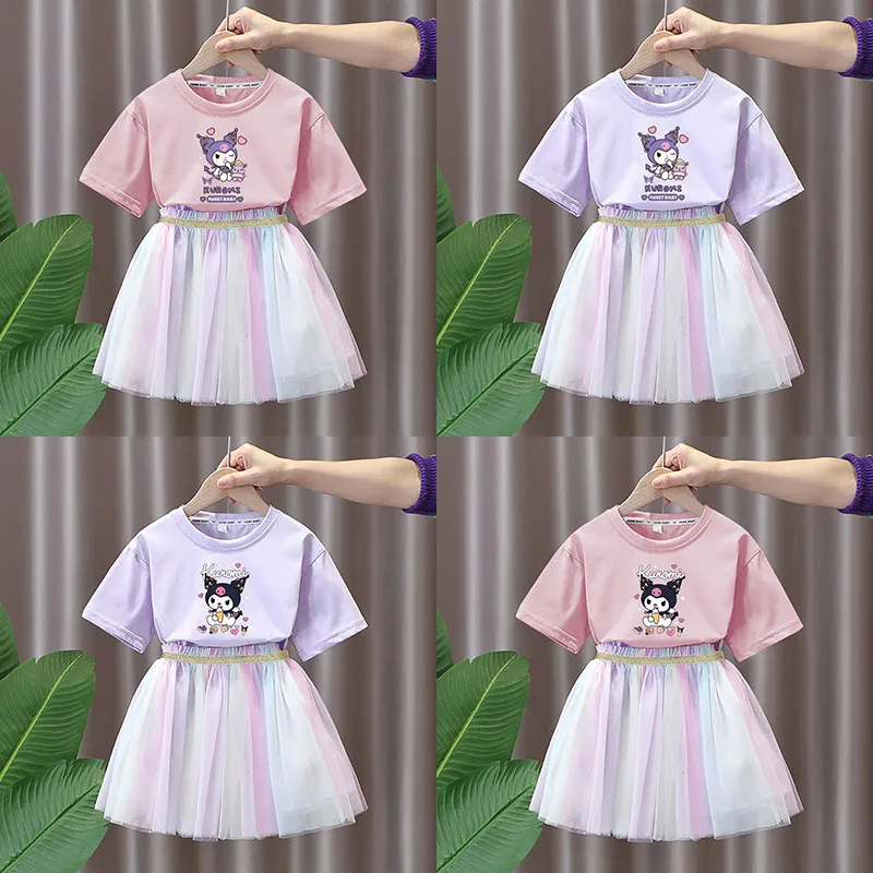 

2023 Kawaii Sanrioed Kuromi Childrens Short Sleeve T-Shirt Gauze Skirt Suit Cute Anime Cartoon Sweet Kids Clothes Summer Outfits