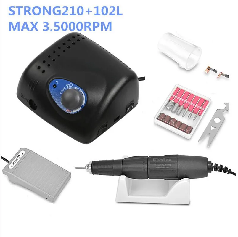 

65W 35000RPM Electric Nail Drill Machine Strong 210 Model 102L Black Handpiece Manicure Pedicure Nail File Bit Nail Art Equipmen