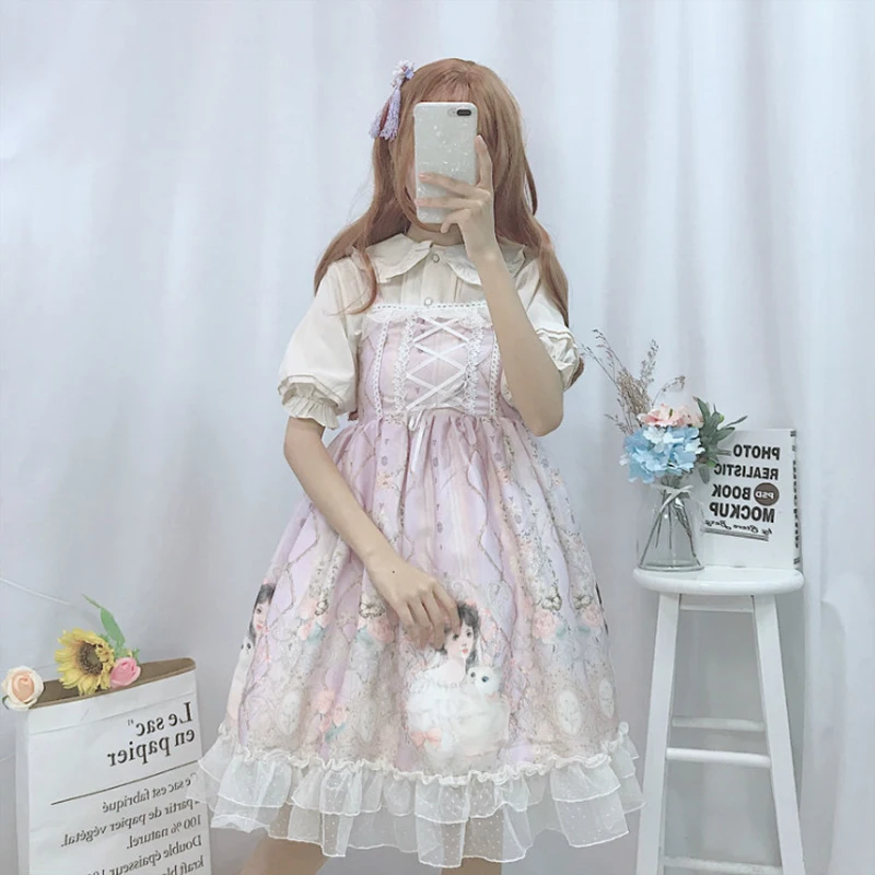 Купи Anbenser Japanese Kawaii Lolita Dress Vintage Lace Bandage Cute Printing High Waist Victorian Dress Princess Sweet Gothic Lolita за 1,797 рублей в магазине AliExpress