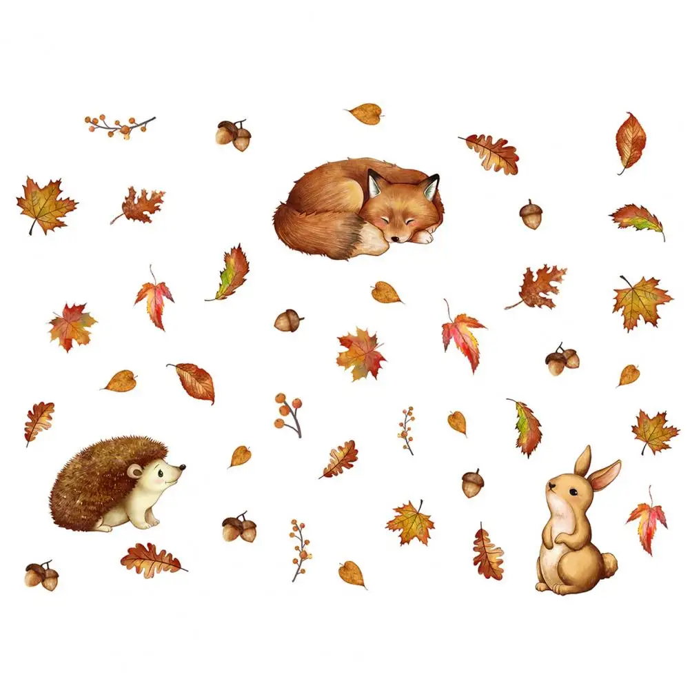 Наклейки на стену с рисунком животных ежик лиса кролик кленовые листья