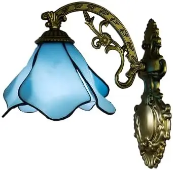 

Tiffany Style Stained Glass Sconce, Mediterranean Aqua Petal Shape Lamp Traditional Flower 1 Light Tiffany Antique Brass Moun