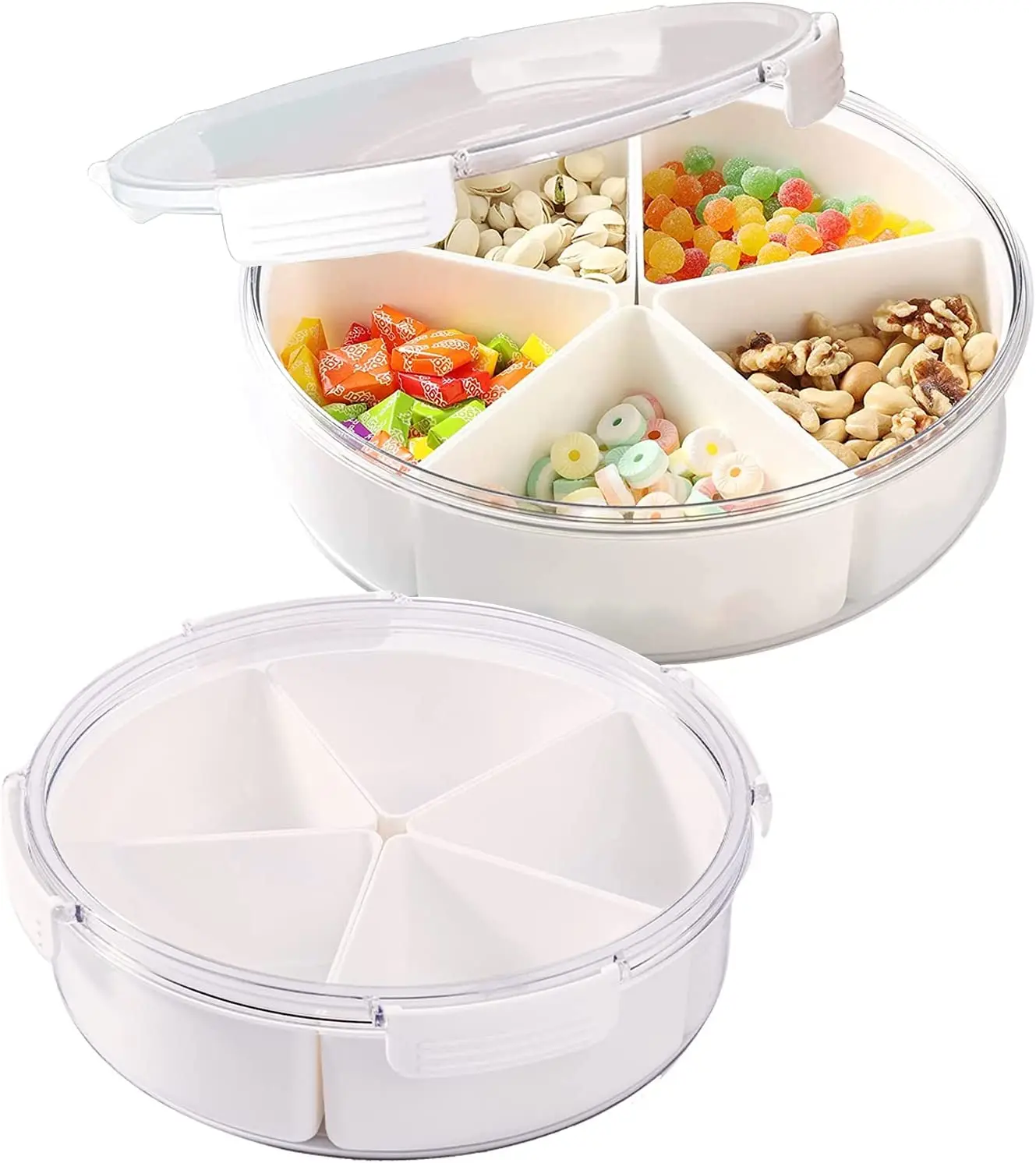 

ATUBAN Round Plastic Divided Serving Tray with Lids, Snack fruit tray, 5 Compartment Round Food Storage Lunch Organizer