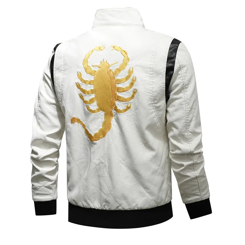 2022 New Spring Leather Men's Jacket Removable Hoodied Scorpion Embroidery Motorcycle Jacket Men Slim Fit Leather Mens Jackets