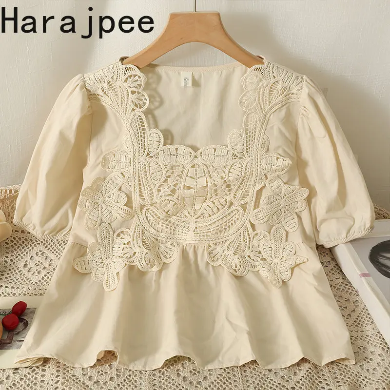 

Harajpee Blouse Women Lace Patchwork Fake Two Piece Short Sleeve Floral 2023 Summer New Loose Shirts Female Casual Tops