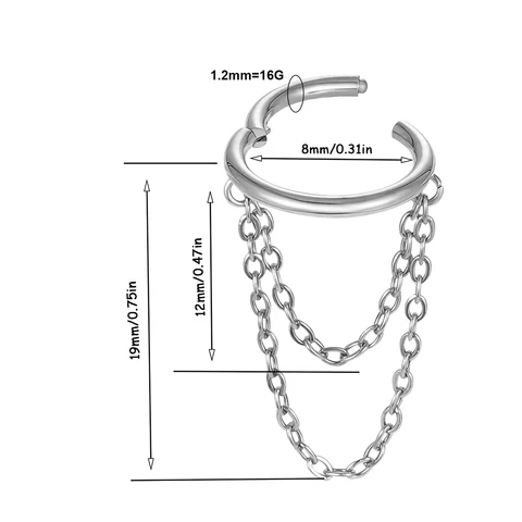 Серьги-кольца из нержавеющей стали для пирсинга, украшение для завитка ушной раковины с двойной цепочкой, гипоаллергенные, 16 г, 8 мм