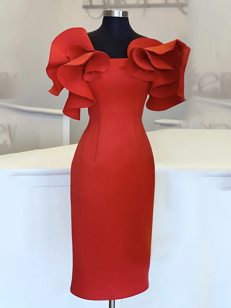 

Women Red Bodycon Dresses Ruffles Stylish Party Event Midi Dress Elegant Slim Vestido African Date Out Celebrate Occasion Robes