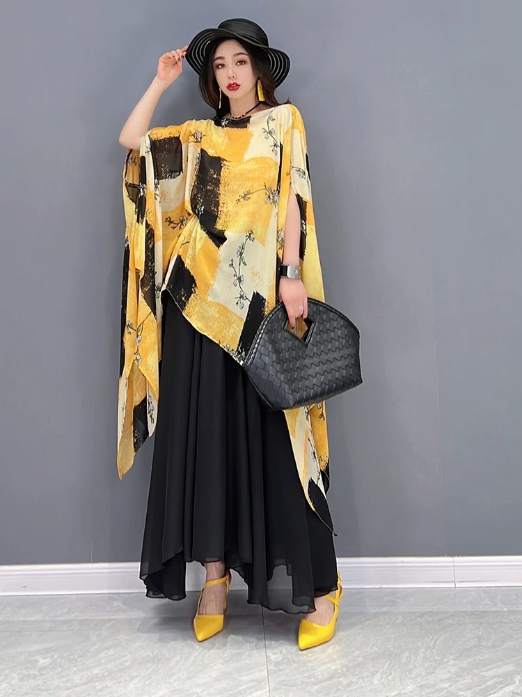 

SuperAen 2022 Summer New Fashion Suit Chiffon Printing Loose Shirt Skirt Two Pieces Set Women