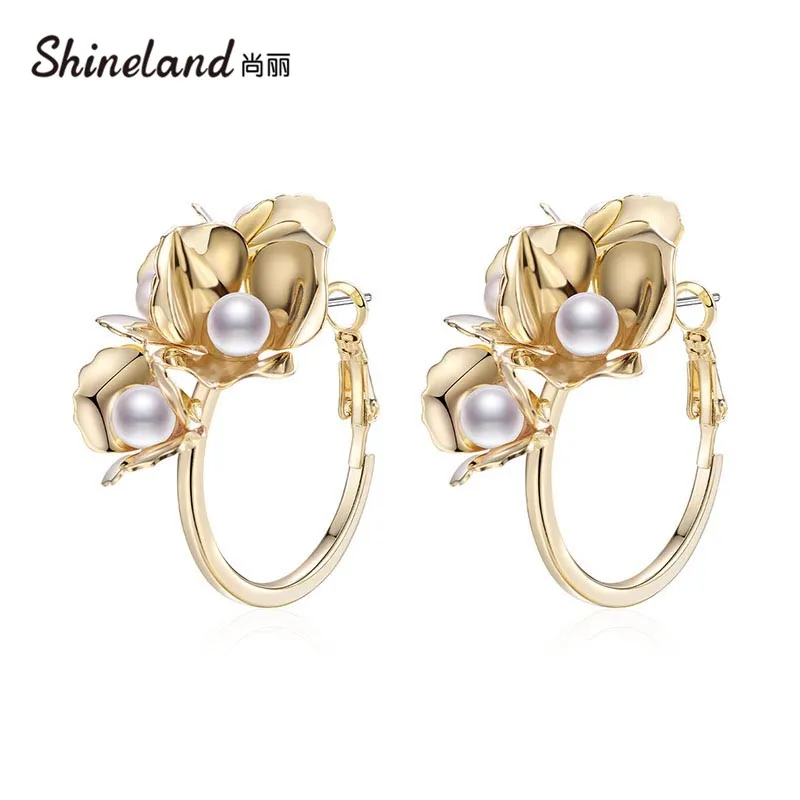 

Shineland Exquisite Elegant Simulated Pearls Flower Big Hoop Earrings Charm Gold Color Metal Brincos for Women Bijoux Femme Gift