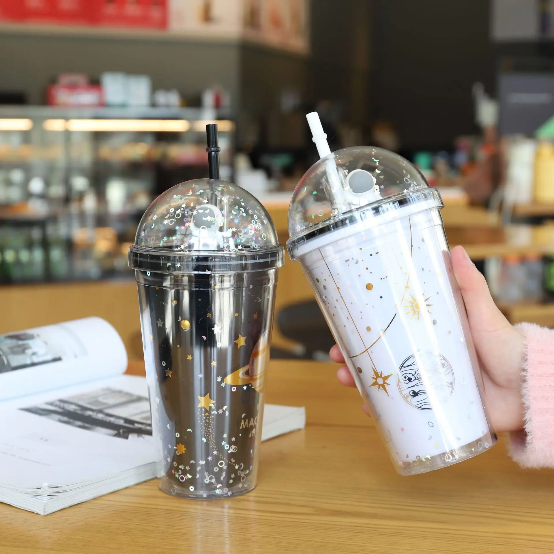 Plastic Water Cups Coffee Mug Water Bottle Starry Sky Double Wall Straw Cup With Dome Lid Travel Water Cup