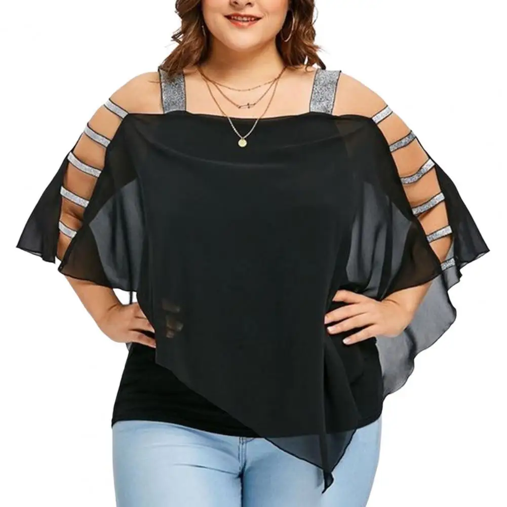 

Women Blouse Solid Color Hollow Out Plus Size Boat Neck Casual Top for Daily Wear Loose Women's Off Shoulder T-shirt V-neck Top