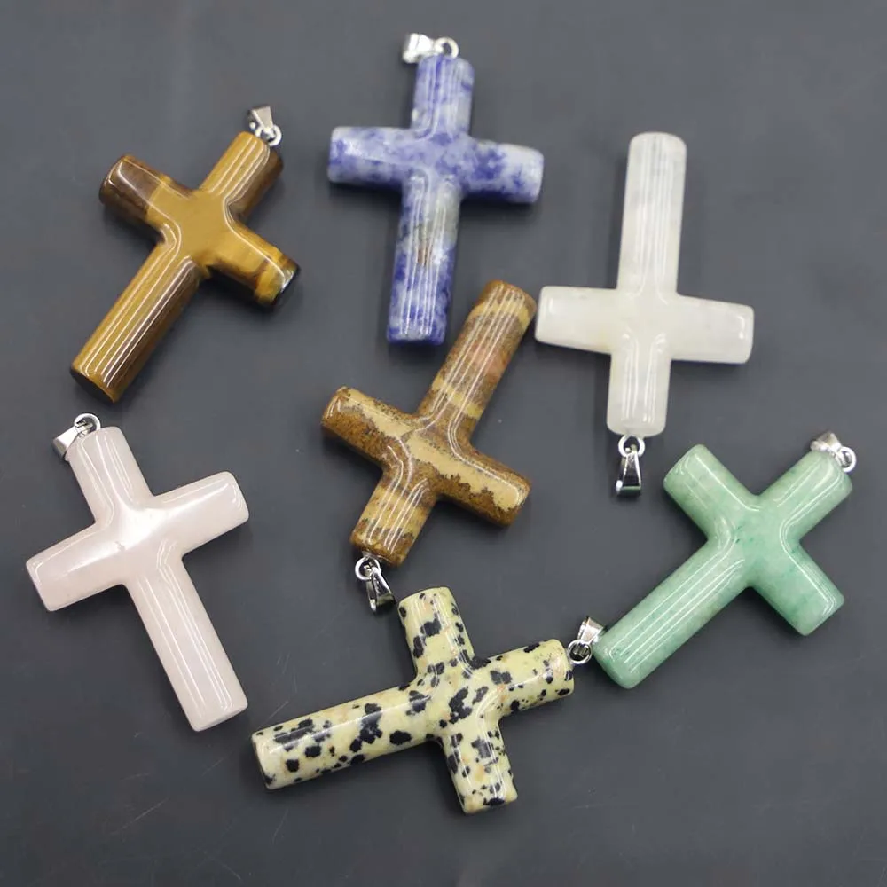 Fashion Natural Stone Cross Necklace Pendant Making Reiki Charm Jewelry Mixed Women Diy Accessories Wholesale 6Pcs Free Shipping