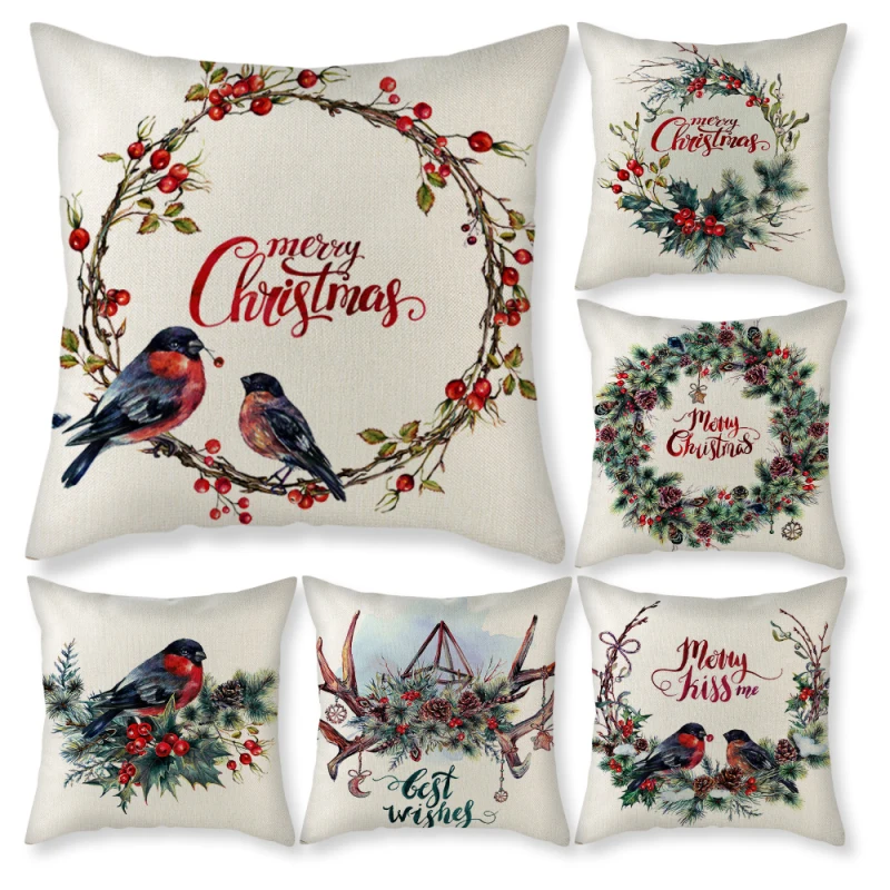 

Merry Christmas Cushion Cover 45*45CM Birds Garland Pillowcase Single Sided Print Polyester Sofa Pillow Case For Home Xmas Decor