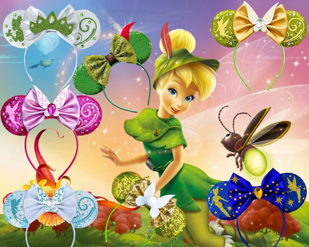 

Cartoon Anime Ears Disney Tinker Bell Headbands Women Cute Silvermist Hairbands Girls Sequins Bow Elf Hair Accessories Kids Gift