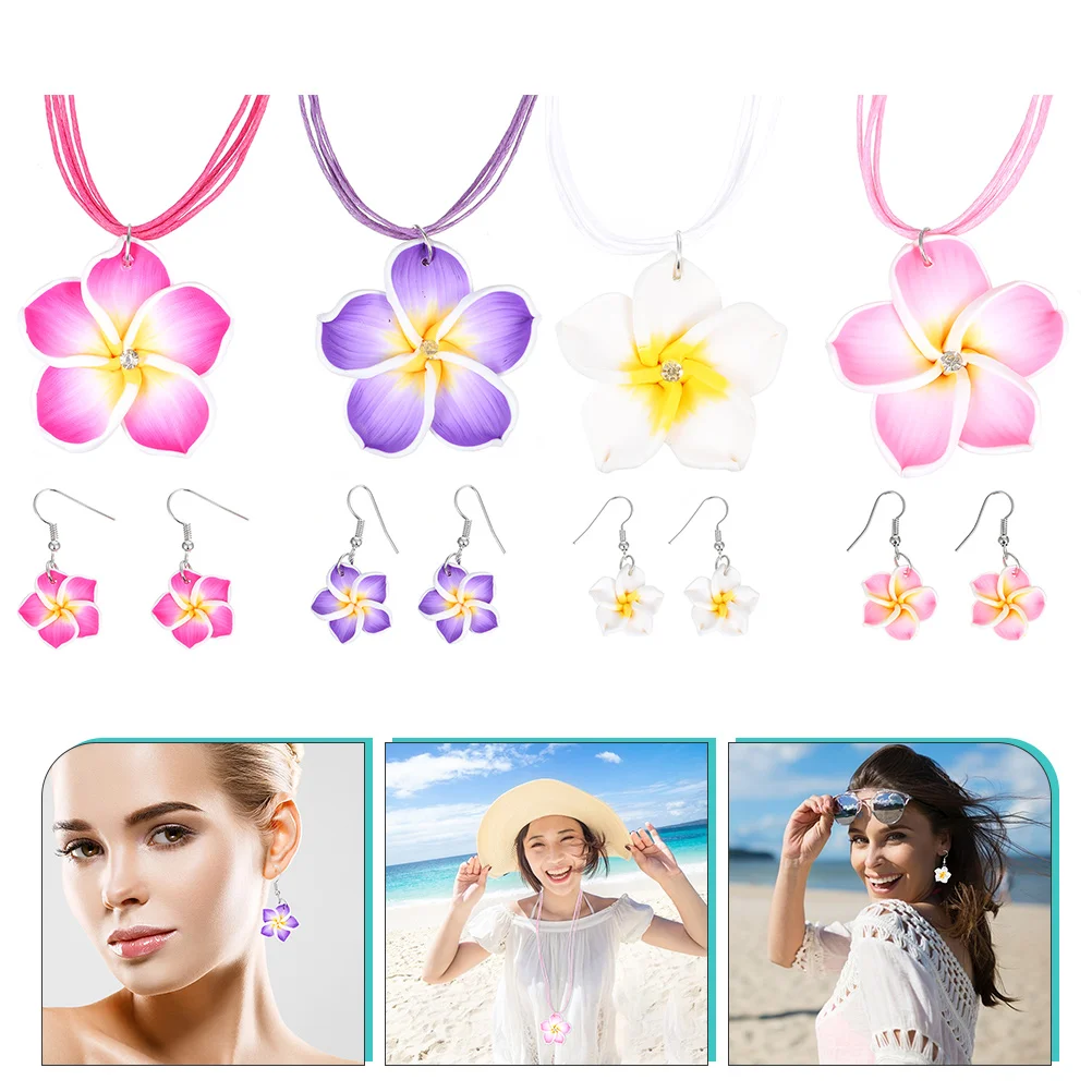 

4 Sets Flower Choker Necklace Frangipani Accessories Hawaiian Party Jewelry Plumeria Earrings Miss